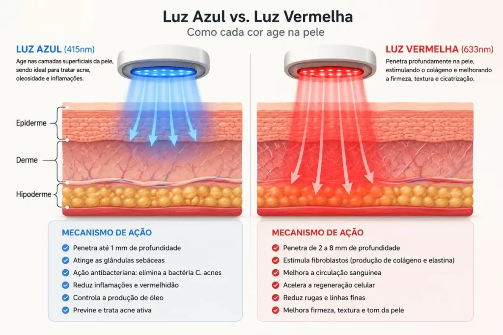 Como a luz azul e a luz vermelha agem na pele