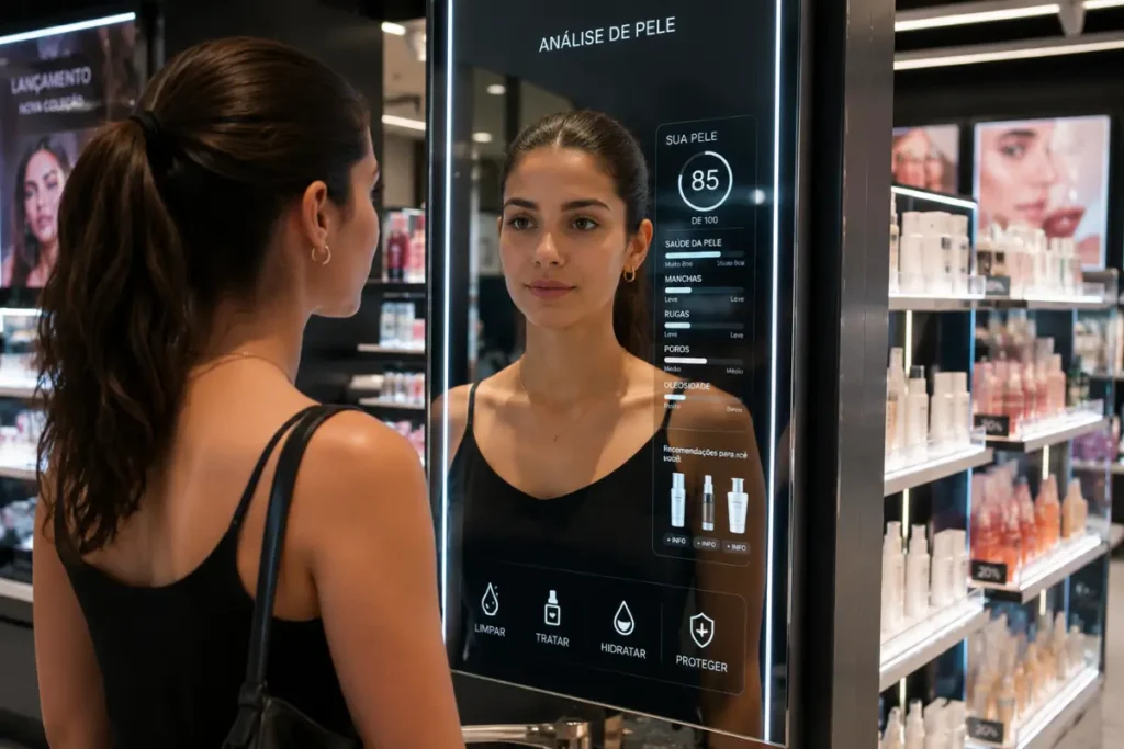 dispositivo de análise facial com IA em loja de cosméticos