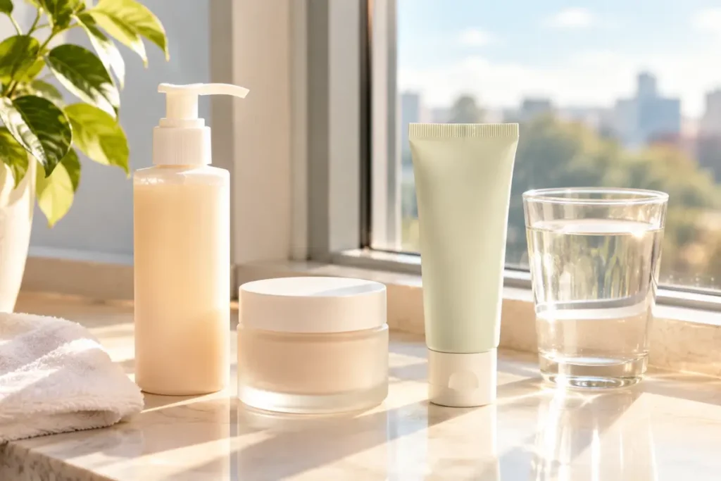 Rotina básica de skincare com limpador, hidratante e protetor solar sobre a janela ao sol.