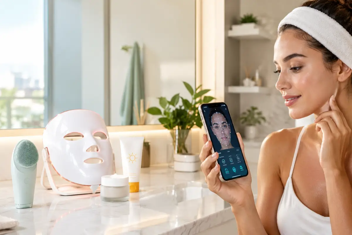 Mulher usando o celular com análise facial por IA em uma bancada com dispositivos de skincare para cuidados com a pele em casa.