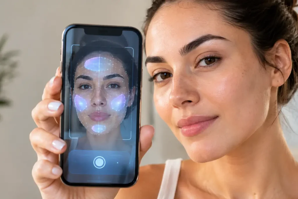Selfie sendo analisada por aplicativo de diagnóstico de pele com inteligência artificial.