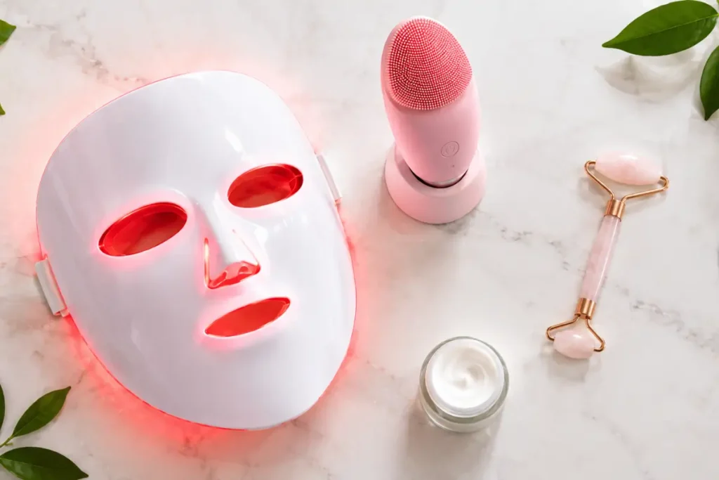 Cuidados com a pele em casa: Dispositivos de skincare para uso doméstico, como máscara de LED e escova sônica, sobre uma bancada de mármore.