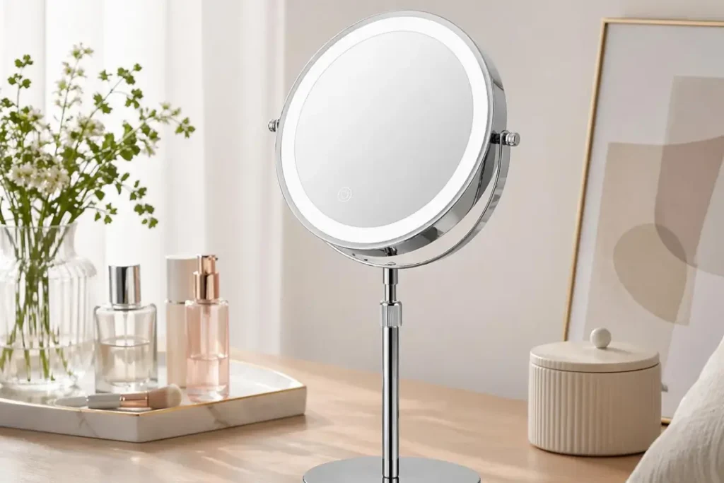 Espelho de Maquiagem de Mesa com LED – Altura Ajustável, Recarregável, Com Aumento (3x5x10x), Rotação 360°, Iluminação em 3 Cores, Intensidade Regulável
