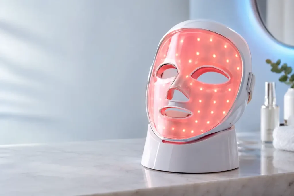 Máscara LED facial estética com iluminação vermelha para cuidados com a pele.