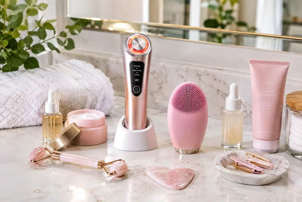 Massageador facial elétrico para uma rotina de autocuidado