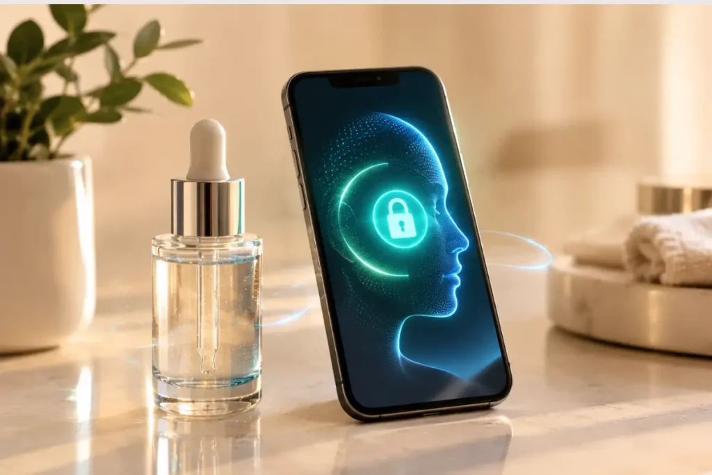 Celular com análise facial protegida por cadeado digital ao lado de um sérum, representando privacidade de dados de skincare.