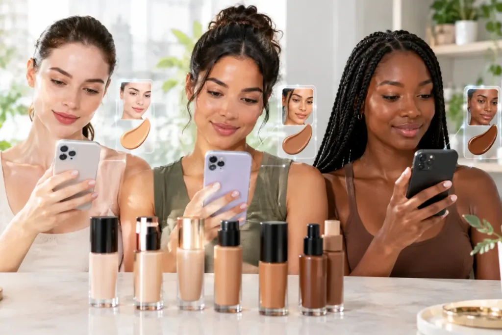 Mulheres de diferentes tons de pele testando bases com realidade aumentada no celular.