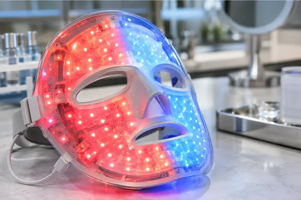 Detalhe dos LEDs vermelhos e azuis em uma máscara de fototerapia facial.